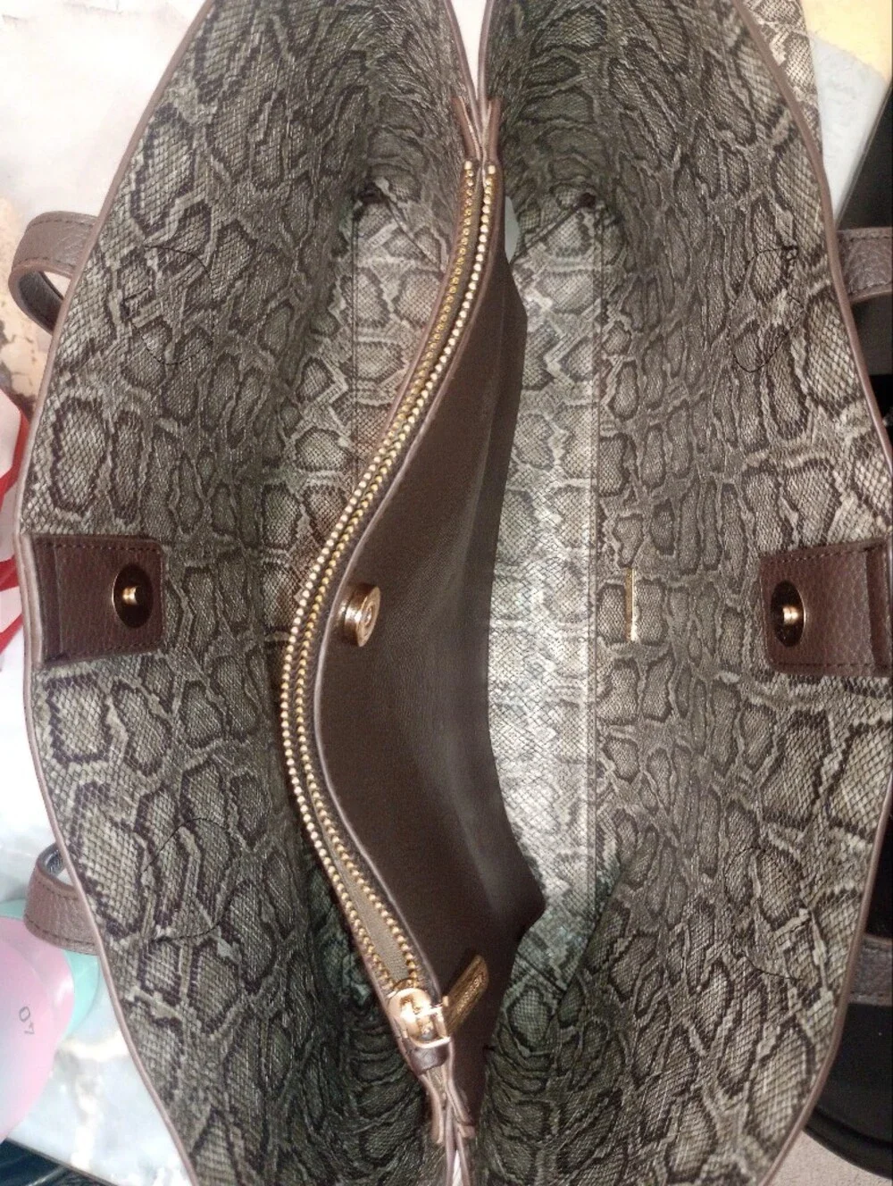 Anne Klein Dark Brown Leather Satchel ,Snakeskin Lined W. Matching Pouch
